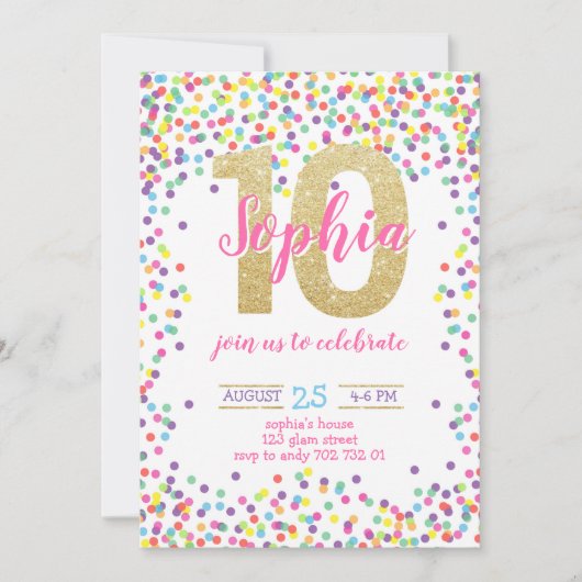 紙吹雪·カラフル金ゴールド·ナンバー·ガール10誕生日 招待状 (正面)