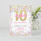 紙吹雪·カラフル金ゴールド·ナンバー·ガール10誕生日 招待状 (スタンド正面)
