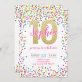 紙吹雪·カラフル金ゴールド·ナンバー·ガール10誕生日 招待状 (正面/裏面)
