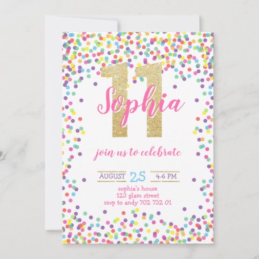 紙吹雪·カラフル金ゴールド·ナンバー·ガール11誕生日 招待状 (正面)