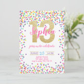 紙吹雪·カラフル金ゴールド·ナンバー·ガール13誕生日 招待状 (スタンド正面)