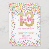 紙吹雪·カラフル金ゴールド·ナンバー·ガール13誕生日 招待状 (正面/裏面)