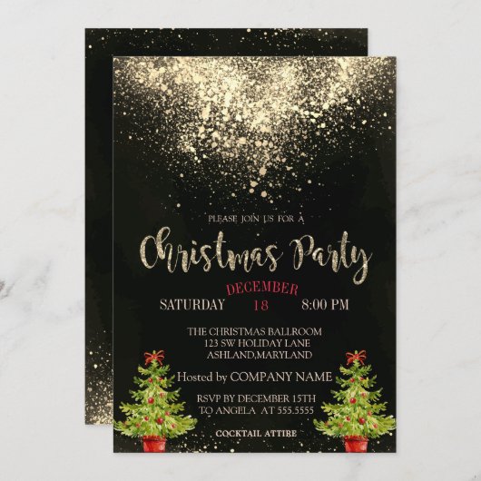紙吹雪，クリスマスツリーのクリスマス会社のパーティー 招待状 (正面/裏面)