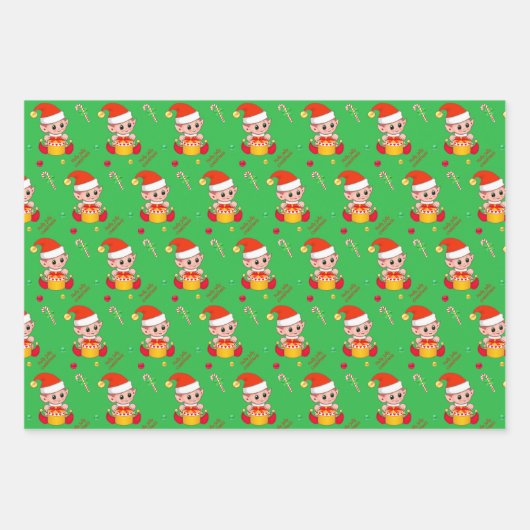 紙吹雪、クリスマス小妖精や小人、キャンディーケーンon Green & Red ラッピングペーパーシート (正面2)