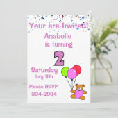 紙吹雪、テディベア、バルーン少女の第2誕生日 招待状 (スタンド正面)