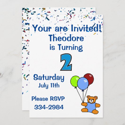 紙吹雪、テディベア、バルーン少年たち2歳の誕生日 招待状 (正面/裏面)