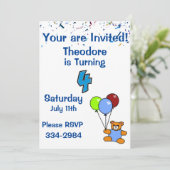 紙吹雪、テディベア、バルーン少年4歳の誕生日 招待状 (スタンド正面)