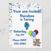 紙吹雪、テディベア、バルーン少年4歳の誕生日 招待状 (正面/裏面)