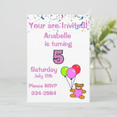 紙吹雪、テディベア、バルーン・ガール第5誕生日 招待状 (スタンド正面)