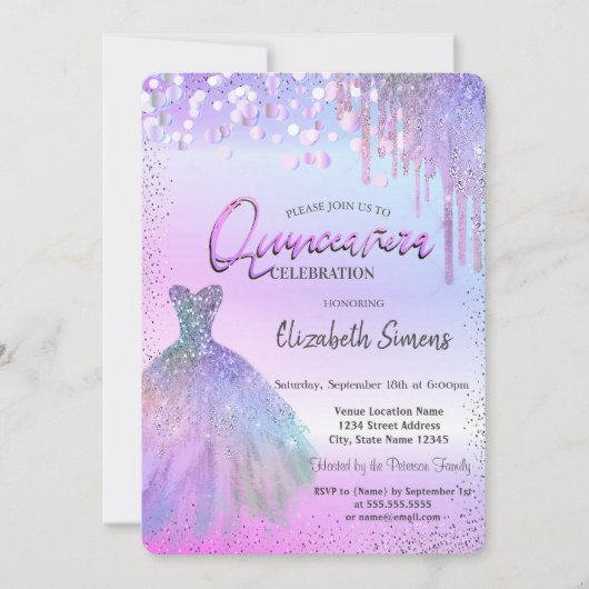 紙吹雪,ドレス,ヴァイオレットグリッタークインセアニラ 招待状 (正面)