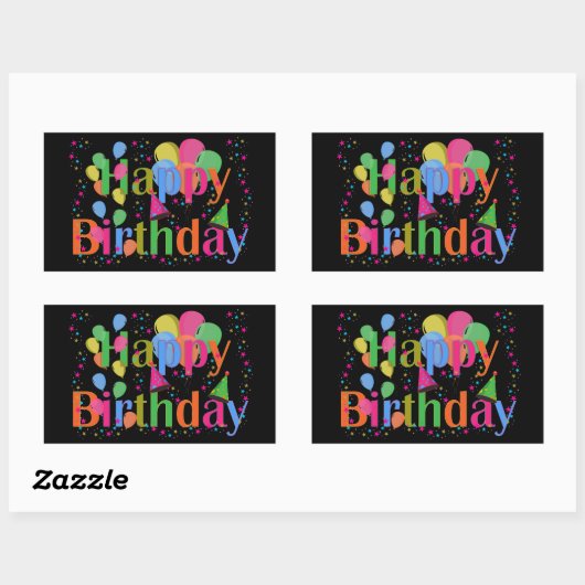 紙吹雪、パーティー帽子とバルーン誕生日ブラック 長方形シール (シート)