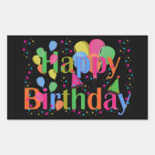 紙吹雪、パーティー帽子とバルーン誕生日ブラック 長方形シール (正面)