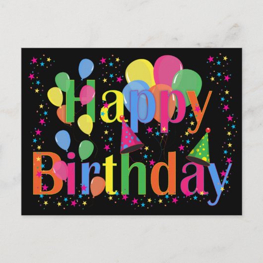 紙吹雪、パーティー帽子と風船の黒い背景 インビテーションポストカード (正面)
