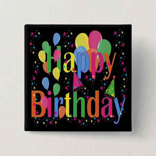 紙吹雪、パーティー帽子と風船の黒い背景 缶バッジ (正面)