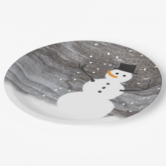紙皿の白くかわいく素朴な雪だるまのクリスマス ペーパープレート (アングル)