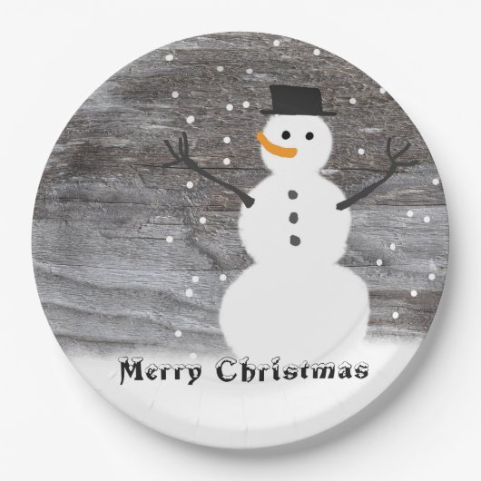 紙皿の白人の素朴な雪だるまのメリークリスマス ペーパープレート (正面)