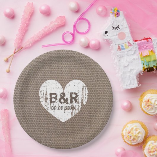 紙皿を結婚するバーラップのヴィンテージのモノグラムbbq ペーパープレート (パーティー)