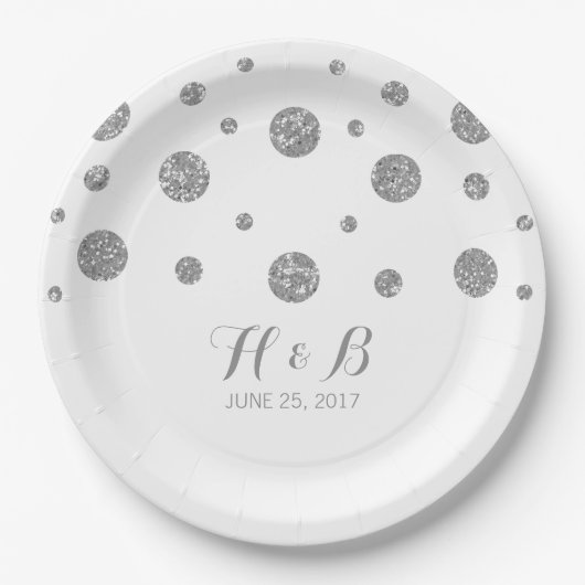 紙皿を結婚する銀製のグリッターの紙吹雪 ペーパープレート (正面)