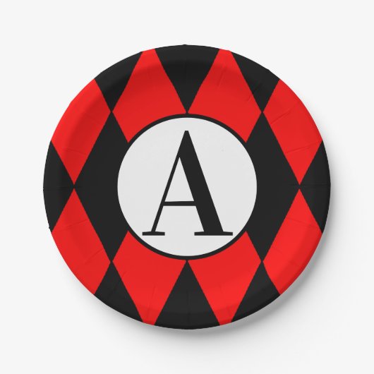 紙皿7"赤く及び黒い道化師及びモノグラム ペーパープレート (正面)