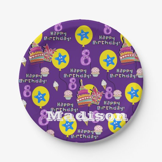 紙皿、ハッピー8歳の誕生日 #8 風船 ペーパープレート (正面)