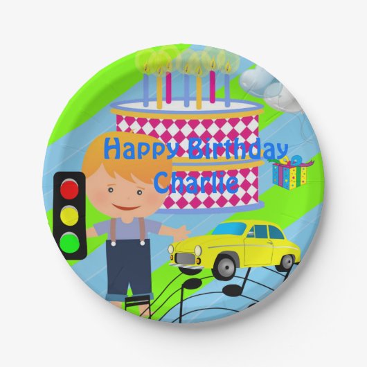 紙皿、誕生日おめでとう車の男の子のケーキ ペーパープレート (正面)