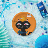 紙皿、黒猫の魚の骨、オレンジ色のニャー ペーパープレート (パーティー)