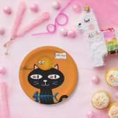 紙皿、黒猫の魚の骨、オレンジ色のニャー ペーパープレート (パーティー)