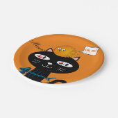 紙皿、黒猫の魚の骨、オレンジ色のニャー ペーパープレート (アングル)