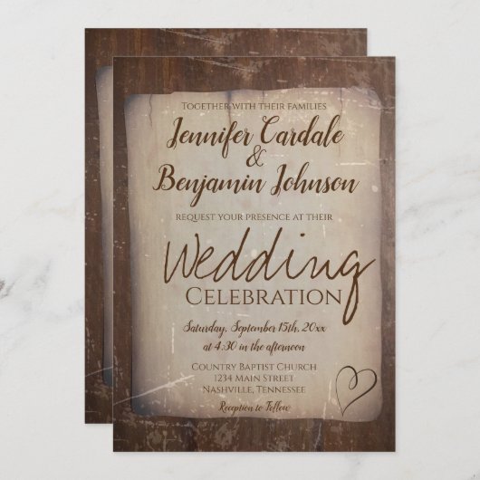 紙素朴ヴィンテージ国のハート結婚ズ 招待状 (正面/裏面)