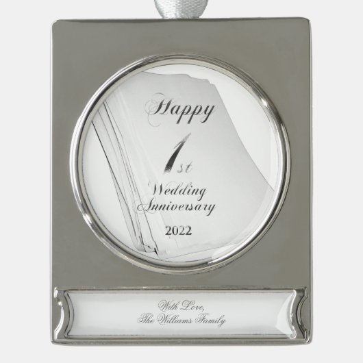 紙結婚幸せ1周年結婚を迎える シルバープレートバナーオーナメント (正面)