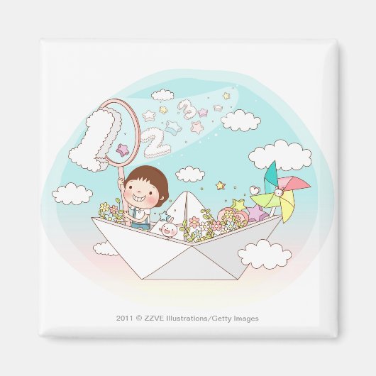 紙船に座る少年 マグネット (正面)