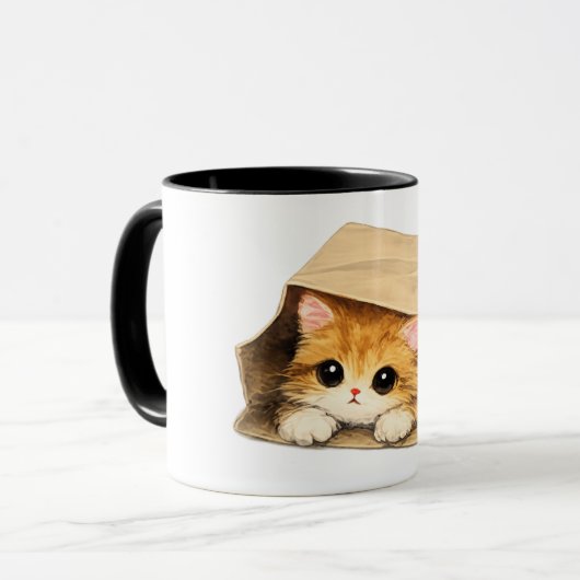 紙袋に顔を出すかわいい子猫のマグカップ マグカップ (正面左)