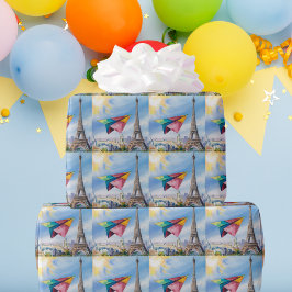 紙飛んでいる飛行機パリカラフル，水色 ラッピングペーパー