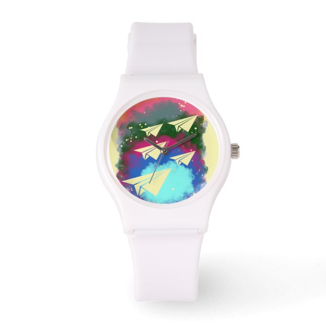 紙飛行機とカラーの煙Tシャツ 腕時計 (正面)