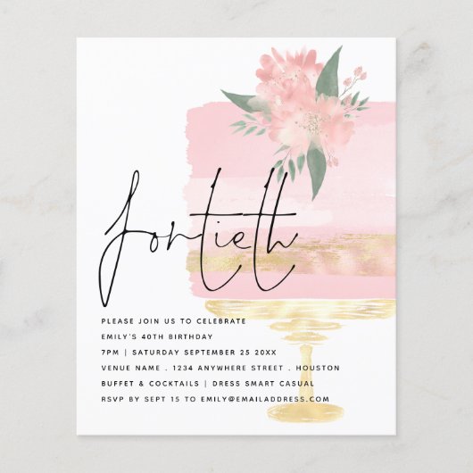 紙｜ピンクゴールドのバースデーケーキ 40歳のパーティー招待状 チラシ (正面)