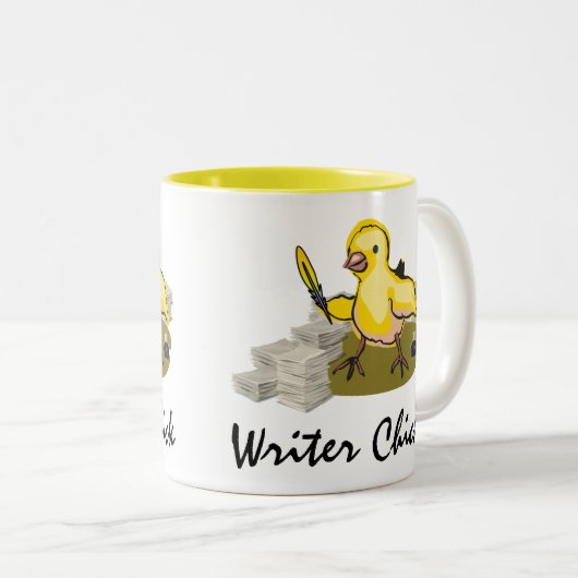 紙、羽のクイルおよびインクを持つ作家のひよこ ツートーンマグカップ (正面右)
