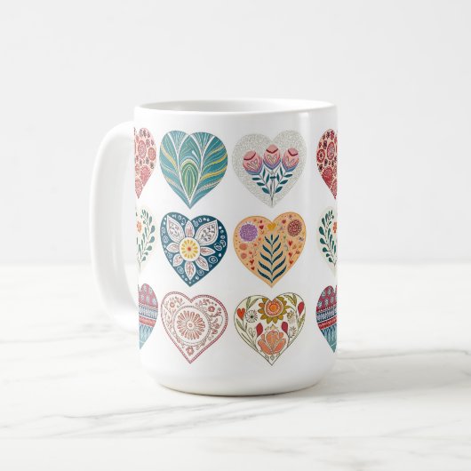 「素敵で居心地の良いハートをテーマにしたコーヒーカップ」 コーヒーマグカップ (正面左)