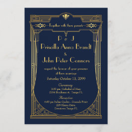 素敵なウェディングの招待状、グレートギャツビー、ネイビー、ゴールド 招待状
