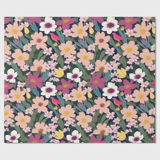 素敵なカラフルの花と鳥のラッピング紙 ラッピングペーパー (フラット)