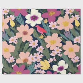 素敵なカラフルの花と鳥のラッピング紙 ラッピングペーパー