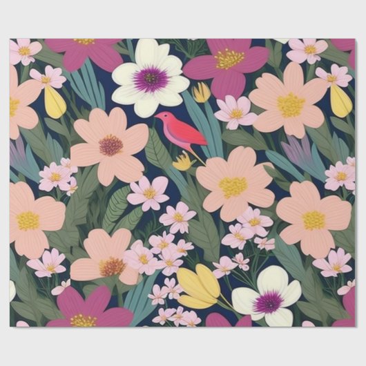 素敵なカラフルの花と鳥のラッピング紙 ラッピングペーパー (フラット)