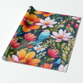 素敵なカラフルの花と鳥のラッピング紙 ラッピングペーパー