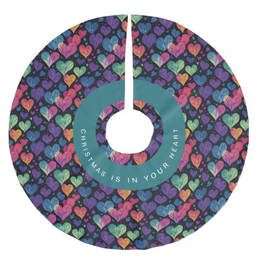 素敵なカラフルハートクリスマスウォーターの色 ブラッシュドポリエステルツリースカート (正面)