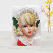 素敵なクリスマスガールヘッド花瓶ホリーとファーカード カード (黄色い花)