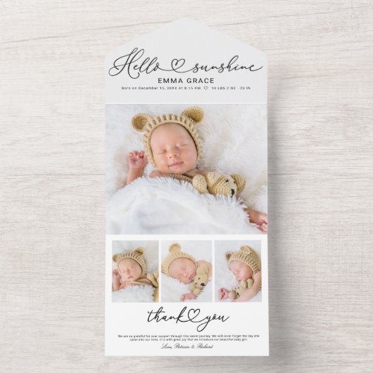 素敵なスクリプト写真の誕生のお知らせカード オールインワン招待状 (内側)