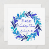 素敵なタイムイヤーエレガントブルークリスマスリース シーズンカード (正面/裏面)