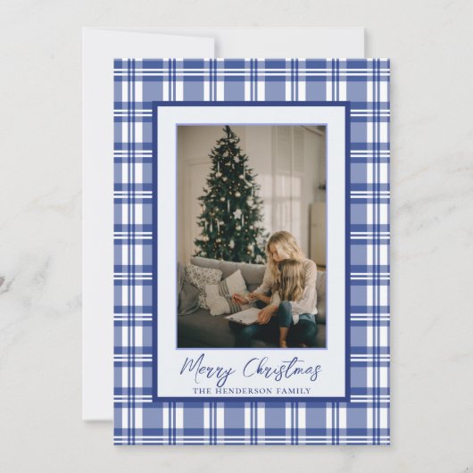 素敵なネイビーブルーのチェック柄 | クリスマスの家族写真 シーズンカード (正面)