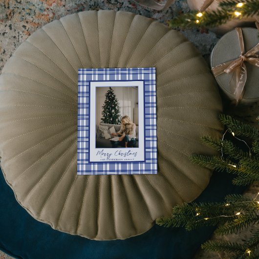 素敵なネイビーブルーのチェック柄 | クリスマスの家族写真 シーズンカード