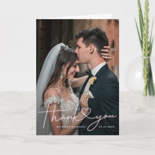 素敵なネオンピンク結婚ハートの写真 サンキューカード (正面)