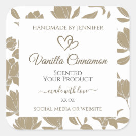 素敵なハートベージュとホワイトフローラ製品ラベル スクエアシール